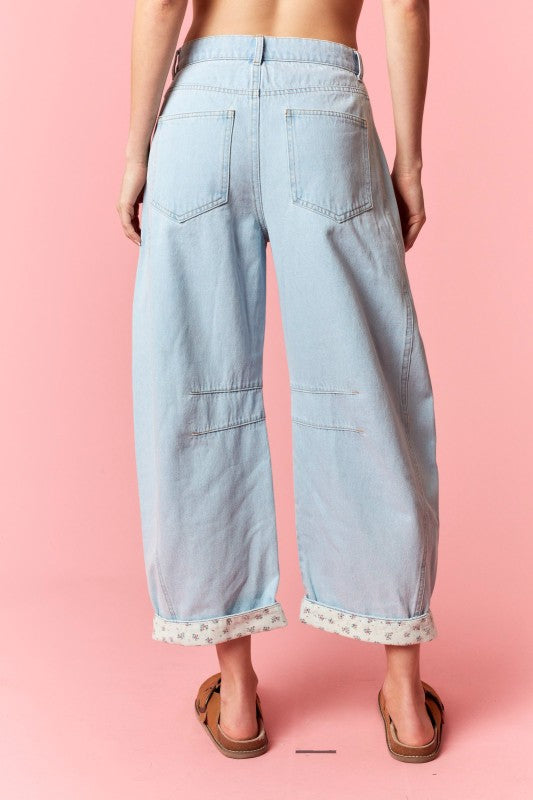Petal Print Hem Roll-Up Barrel Jeans