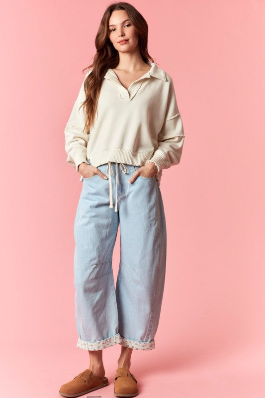 Petal Print Hem Roll-Up Barrel Jeans