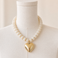 Heart pendant beaded necklace - white/cream