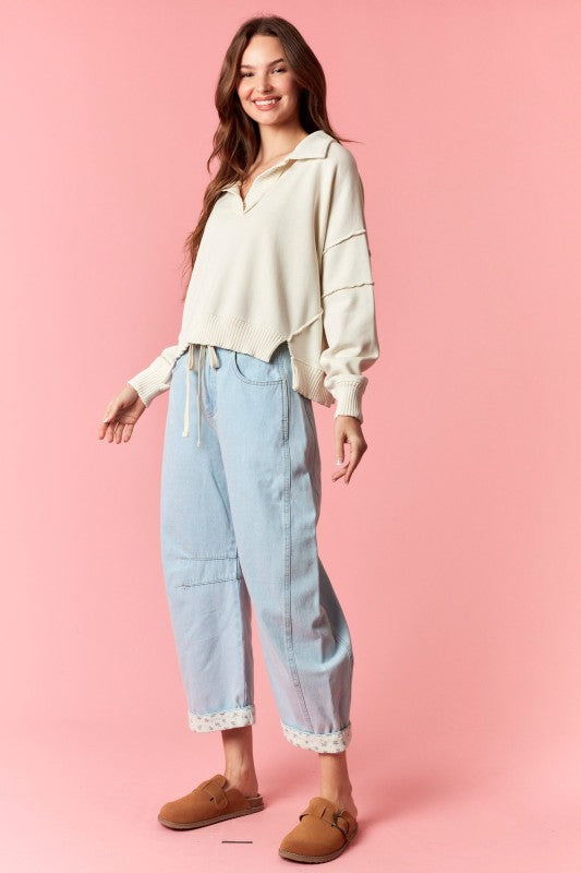 Petal Print Hem Roll-Up Barrel Jeans